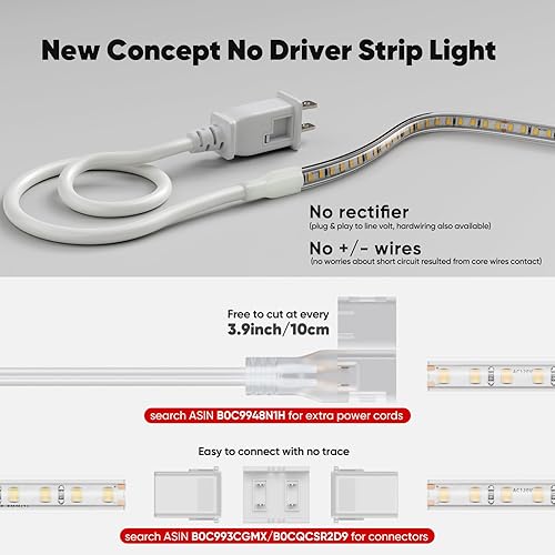 Miniatura 3 de Shine Decor Tira de luz LED súper brillante de 4000 lúmenes, Plug & Play de 120 V sin conductor, fácil cableado, sin parpadeo, resistente a la