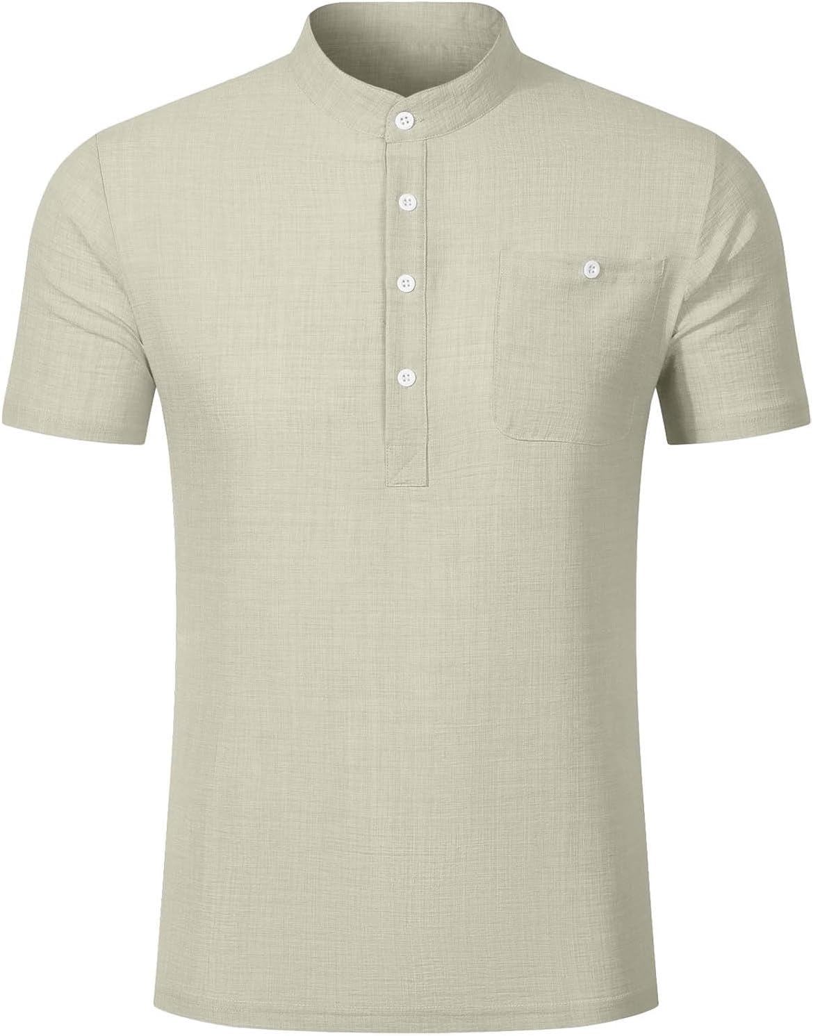 Men's Casual Henley Shirt Short Sleeve Summer Shirts Linen Collar Tops Summer Beach T-Shirt with Chest Pocket