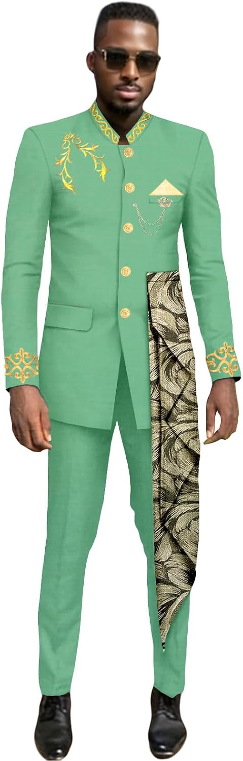 Men`s Business Suits Slim Fit Single Beasted Lined Embroidery Blazer and Pants Set Dashiki Outfits