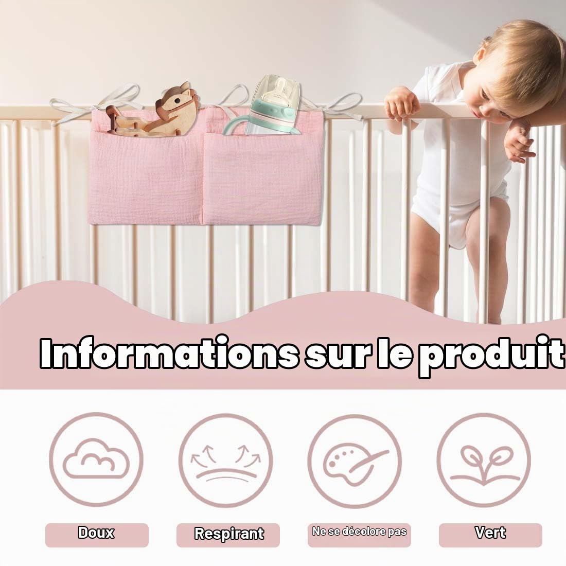 KYLOS Organisateur de lit de bébé avec 2 poches, sac de rangement rose pour chambre de bébé et de tout-petit, organisateur à langer, organisateur de chambre d'enfant, sacs de rangement pour lits