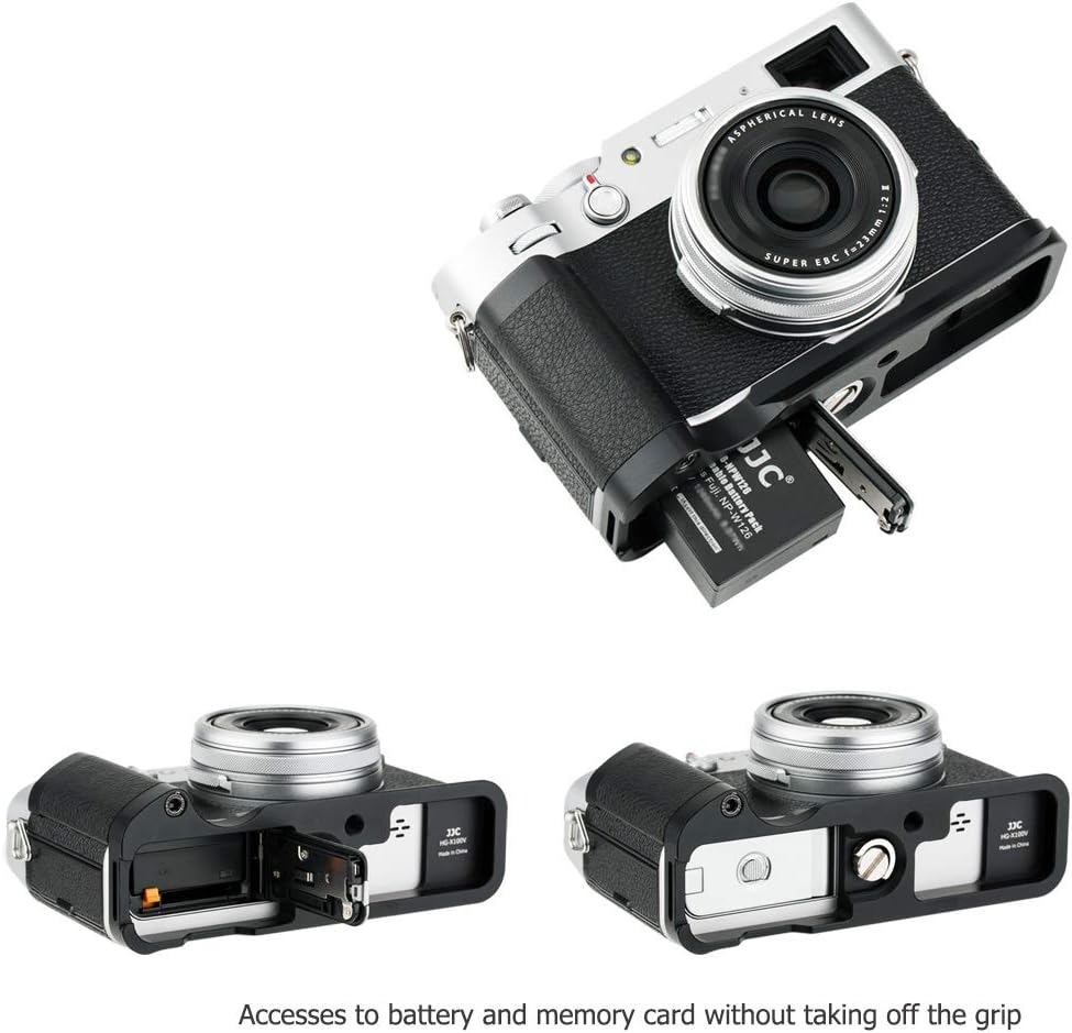 A Fujifilm X100V camera with the JJC HGX100VF hand grip attached, showing the battery and memory card compartment door open and accessible.