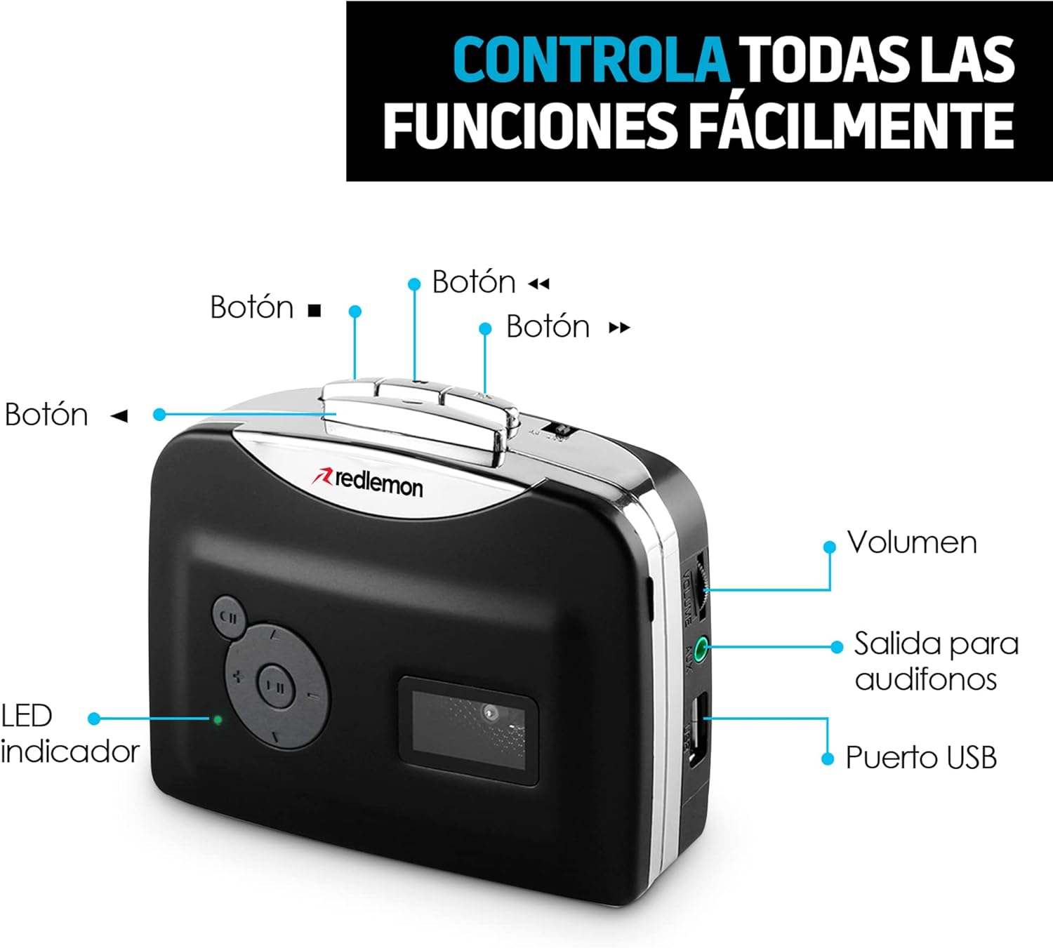 Redlemon Cassette to MP3 Converter with labeled controls