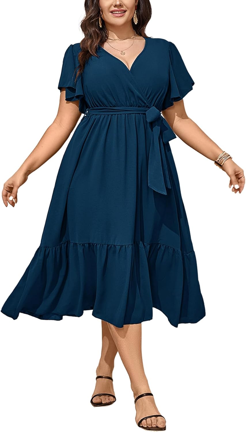 SCOMCHIC Womens Plus Size Wedding Guest Dresses Summer Wrap V Neck Short Sleeve Belted Ruffle Hem A-Line Flowy Maxi Dress