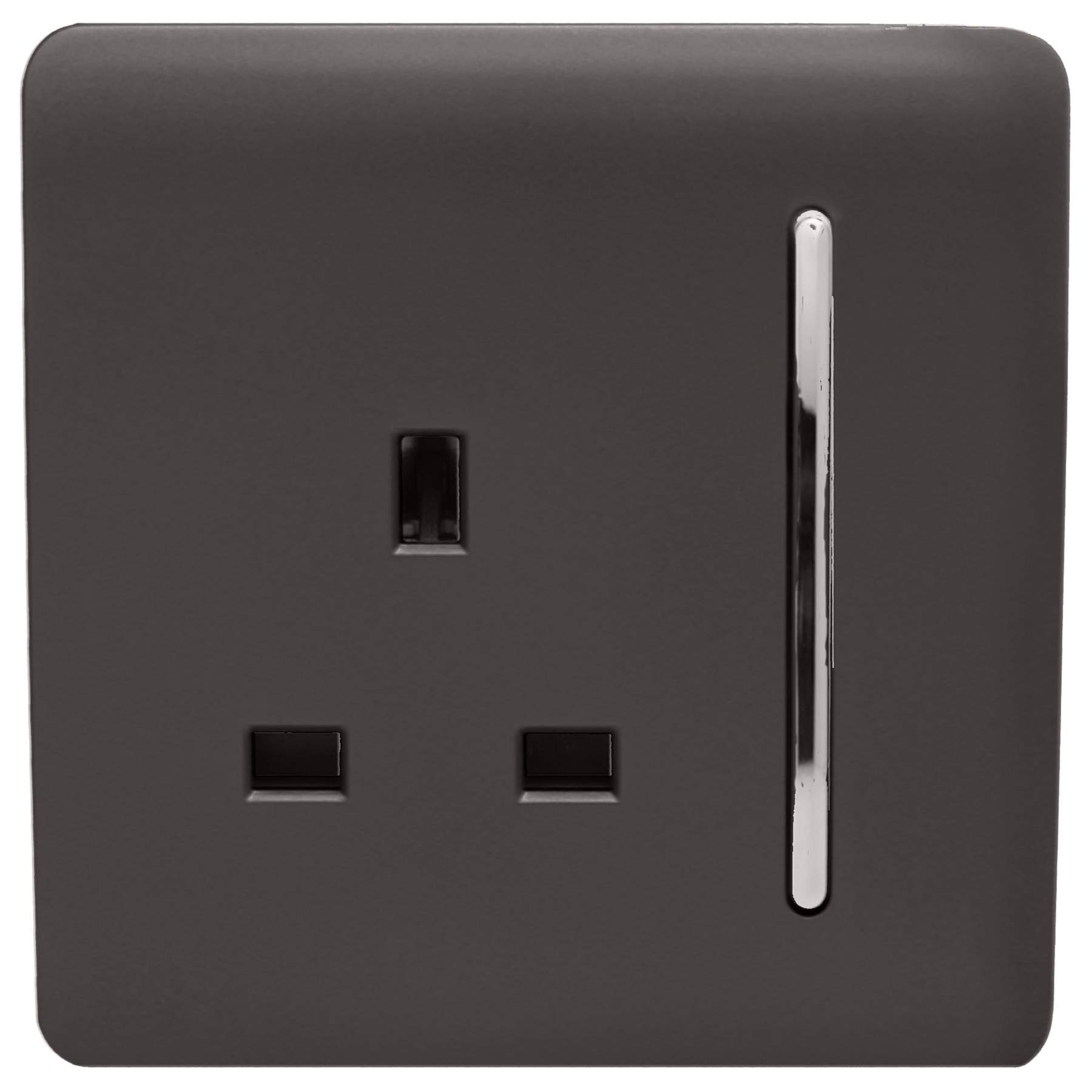 Trendi Switch 1 Gang 13amp Copper Switched Plug Socket - Screwless Matt Black Plate