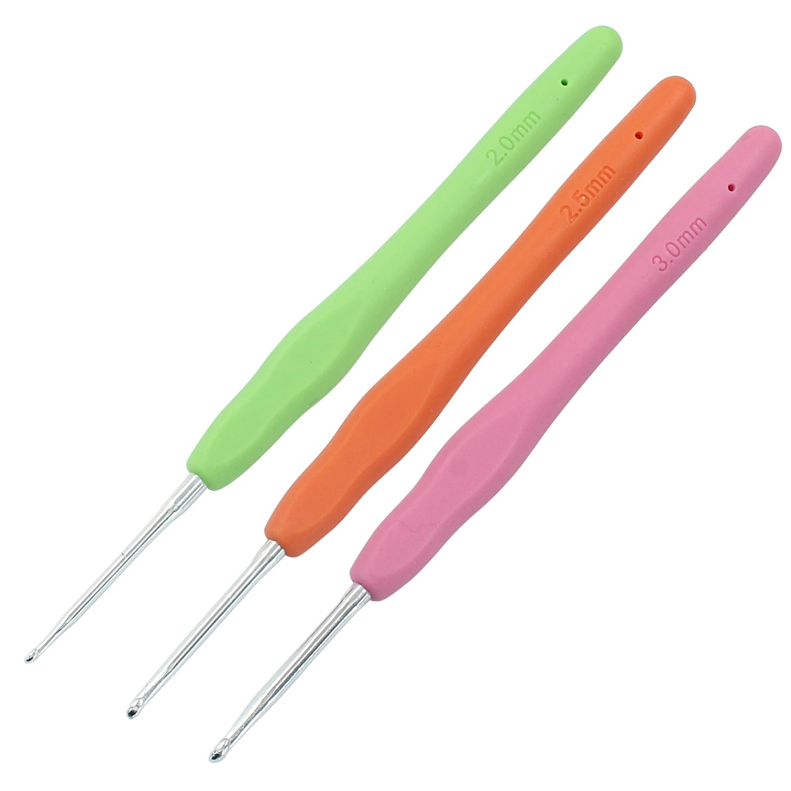 suiwotin Juego de 3 ganchos de ganchillo de 2 mm/2,5 mm/3 mm, juego de ganchos de ganchillo de aluminio, mango de goma, agujas de tejer ergonómicas para hilo, proyectos de manualidades