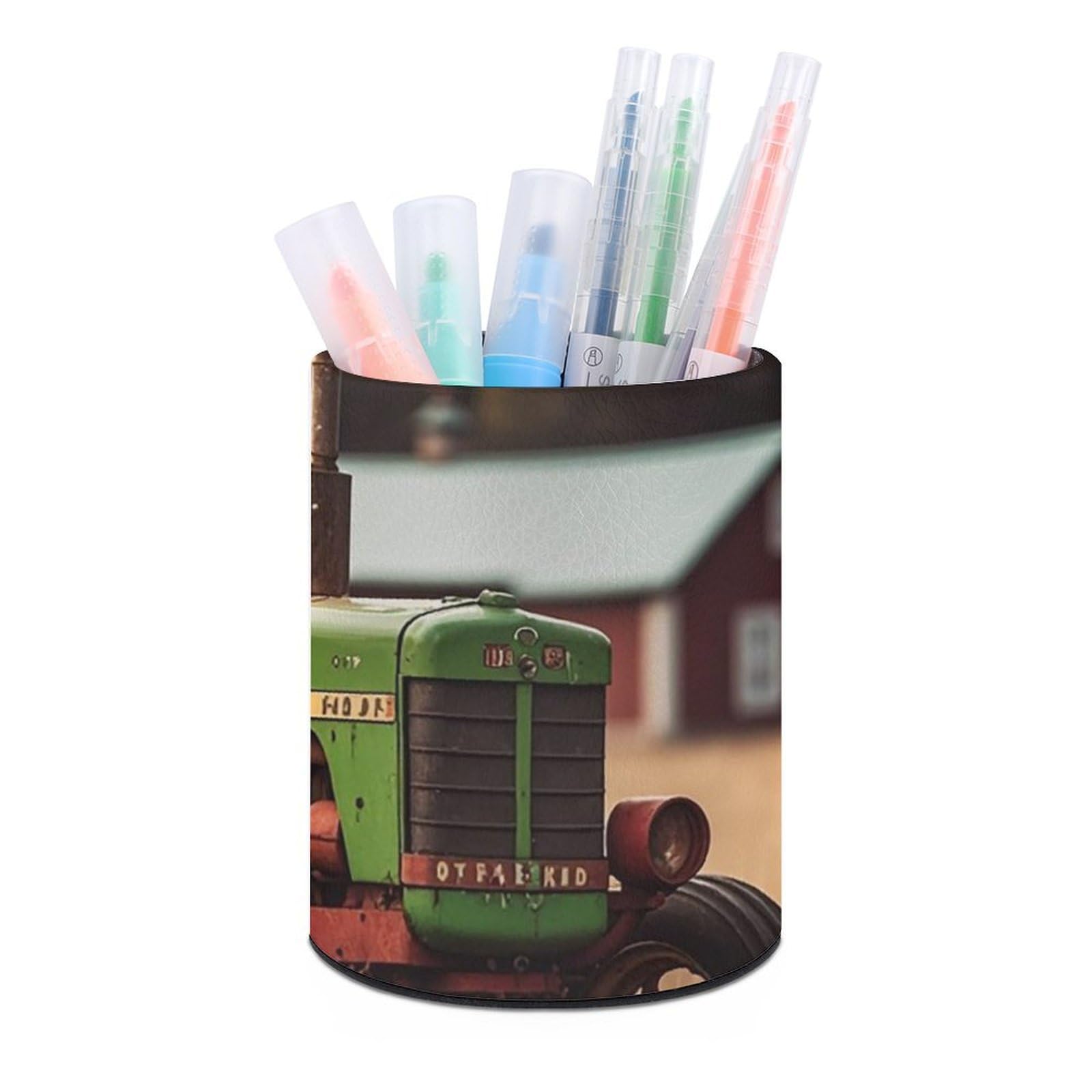 FekiLoot PU Leather Round Pen Holder Old Tractor Photo Farm Pencil Holder Desk Organizer Pen Organizer Pen Cup Pencil Cup Caddy Desktop Stationery Organizers for Office Home Supplies