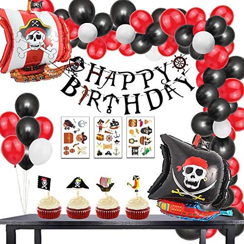 Finypa 91 Pack Pirate Birthday Party Decorations Arch Garland Kits- Happy B-Day Banner,Cake Toppers Sticks,Pirate Ship Birthday Balloons Kids Photo Props Sea Sailing Nautical Party Ideas Supplies with tattoo