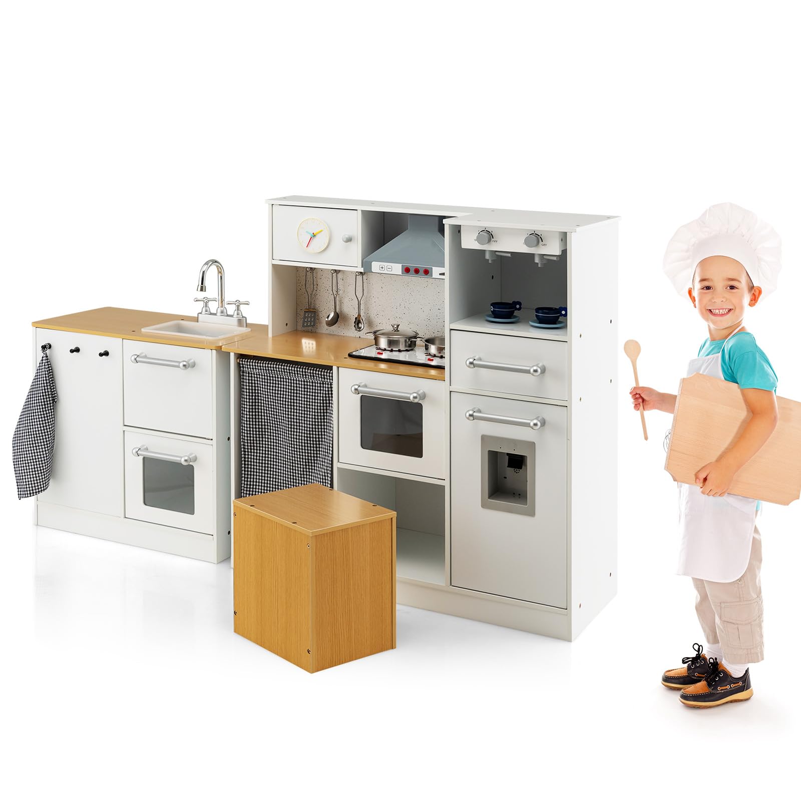 HOMASIS Kinderküche mit Licht & Sound, Spielküche Holz, Spielzeugküche inkl. Hocker & Küchenzubehör, Eckküche Puppenküche Spielset Kinderspiel Küchespielzeug-Set für Kinder ab 3 Jahren