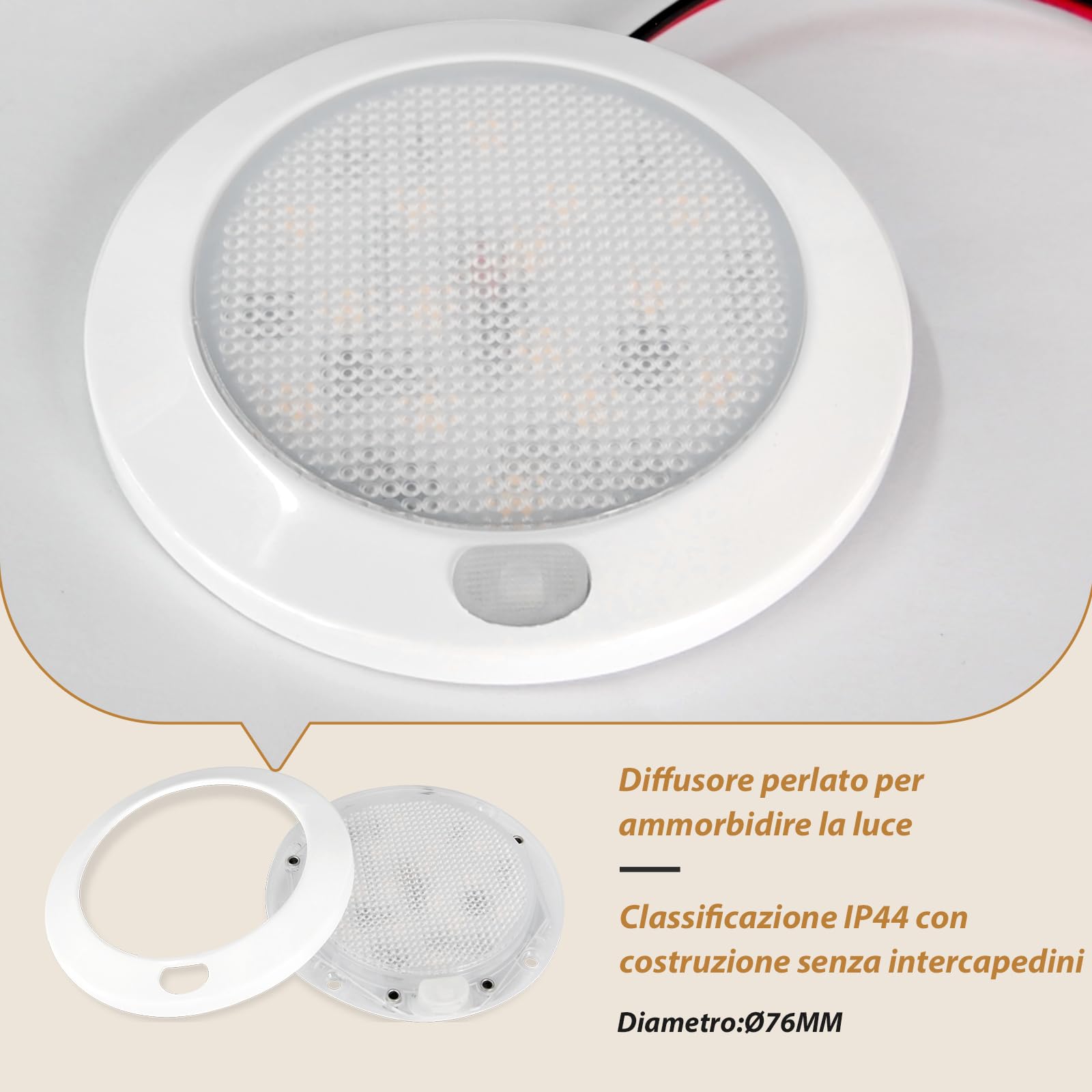 Dream Lighting Luce LED 12v Camper Plafoniera Soffitto Moderna Dimmerabile IP44 76MM 2,4W 3000K Bianco Caldo per Caravan Barca 4 Confezioni