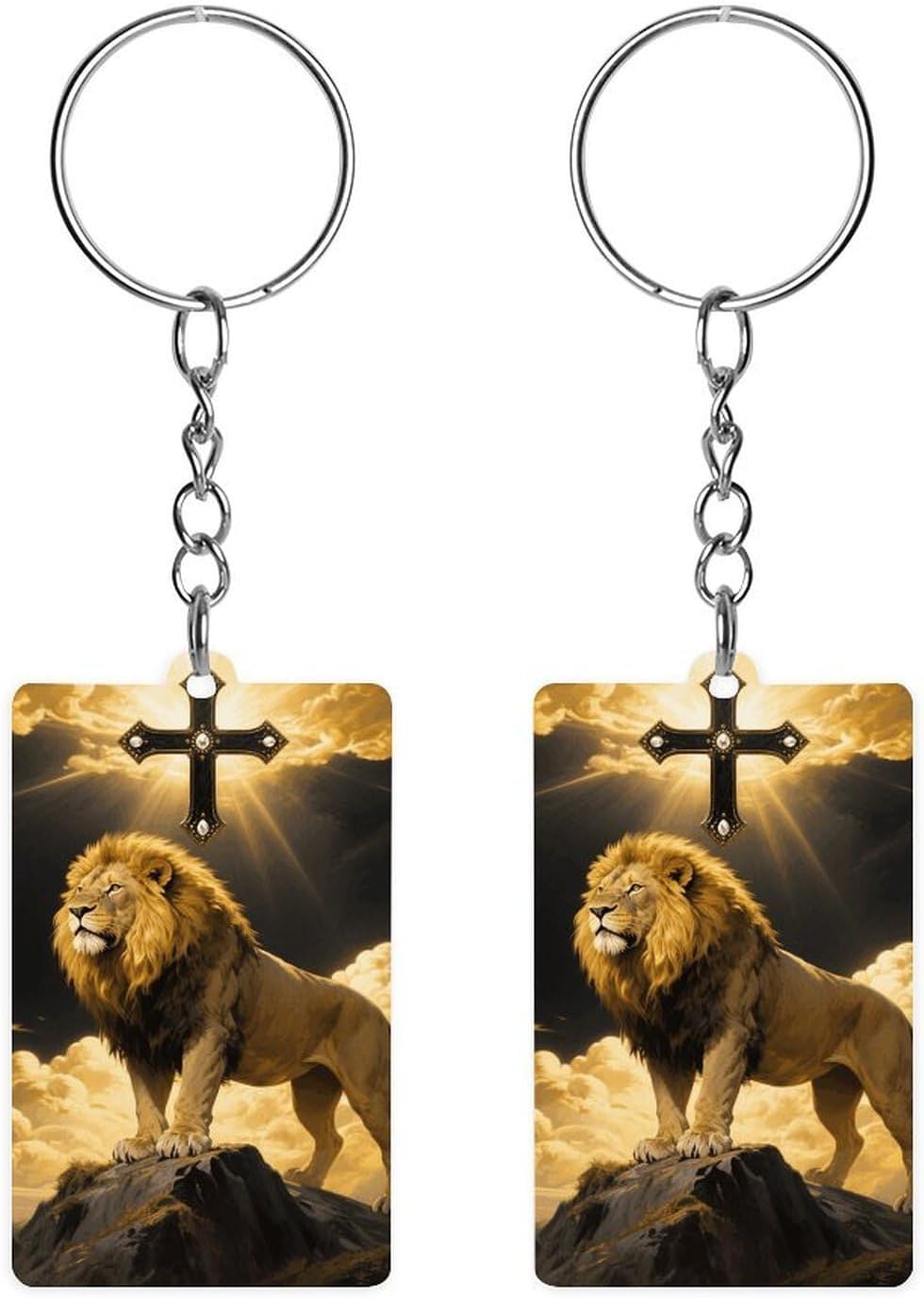 Double Sided Acrylic African Lion Cross Keychain with Metal Chain
