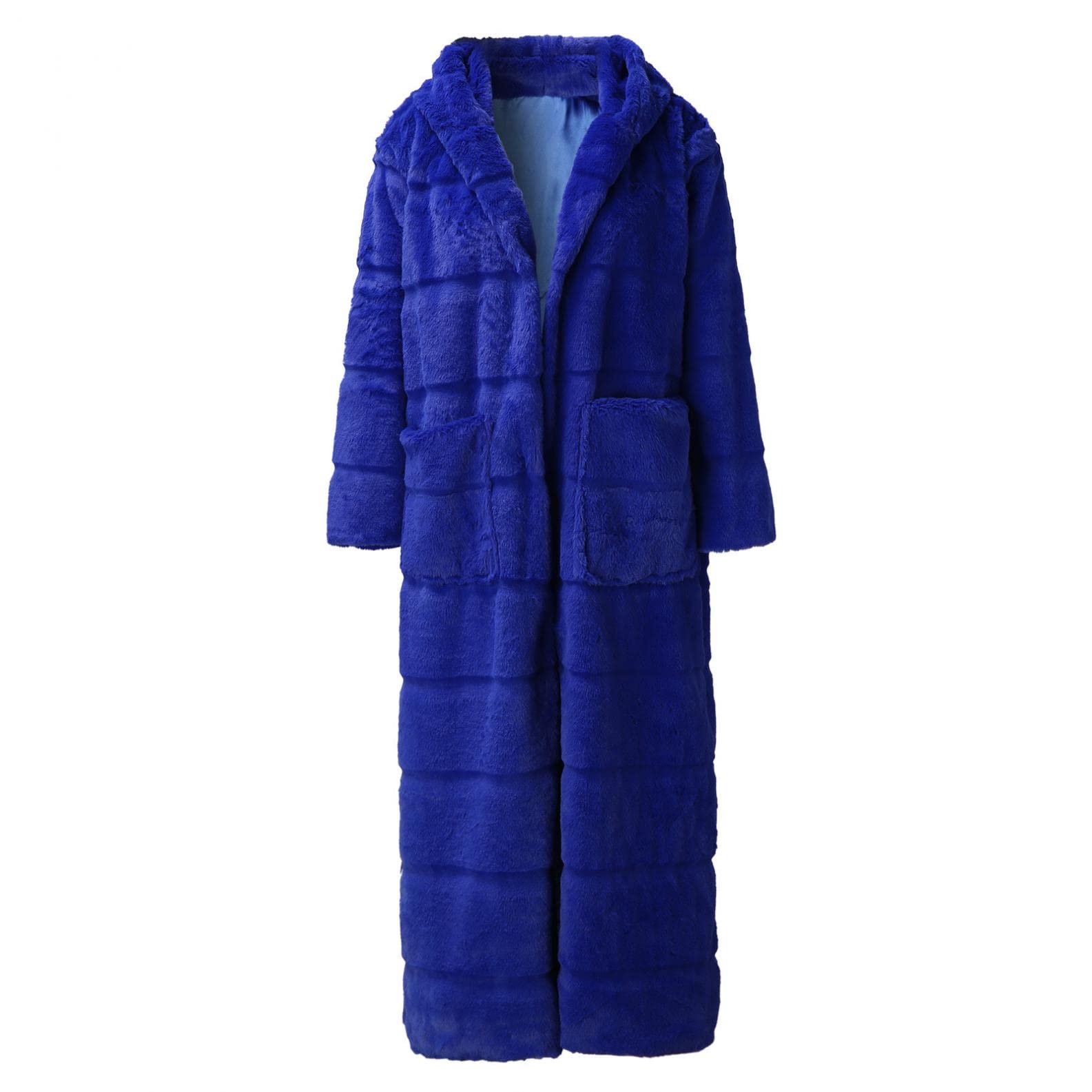 Kanpola, cappotto da donna in pelliccia sintetica, lungo, in finta pelliccia, per autunno e inverno, caldo, con cappuccio, elegante giacca invernale con tasca, Blu, XL