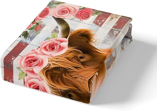 Miniatura 5 de Manfei Highland Cattle - Juego de sábanas de tamaño matrimonial, juego de sábanas de flores rosas rosas de 4 piezas con sábana bajera de bolsillo