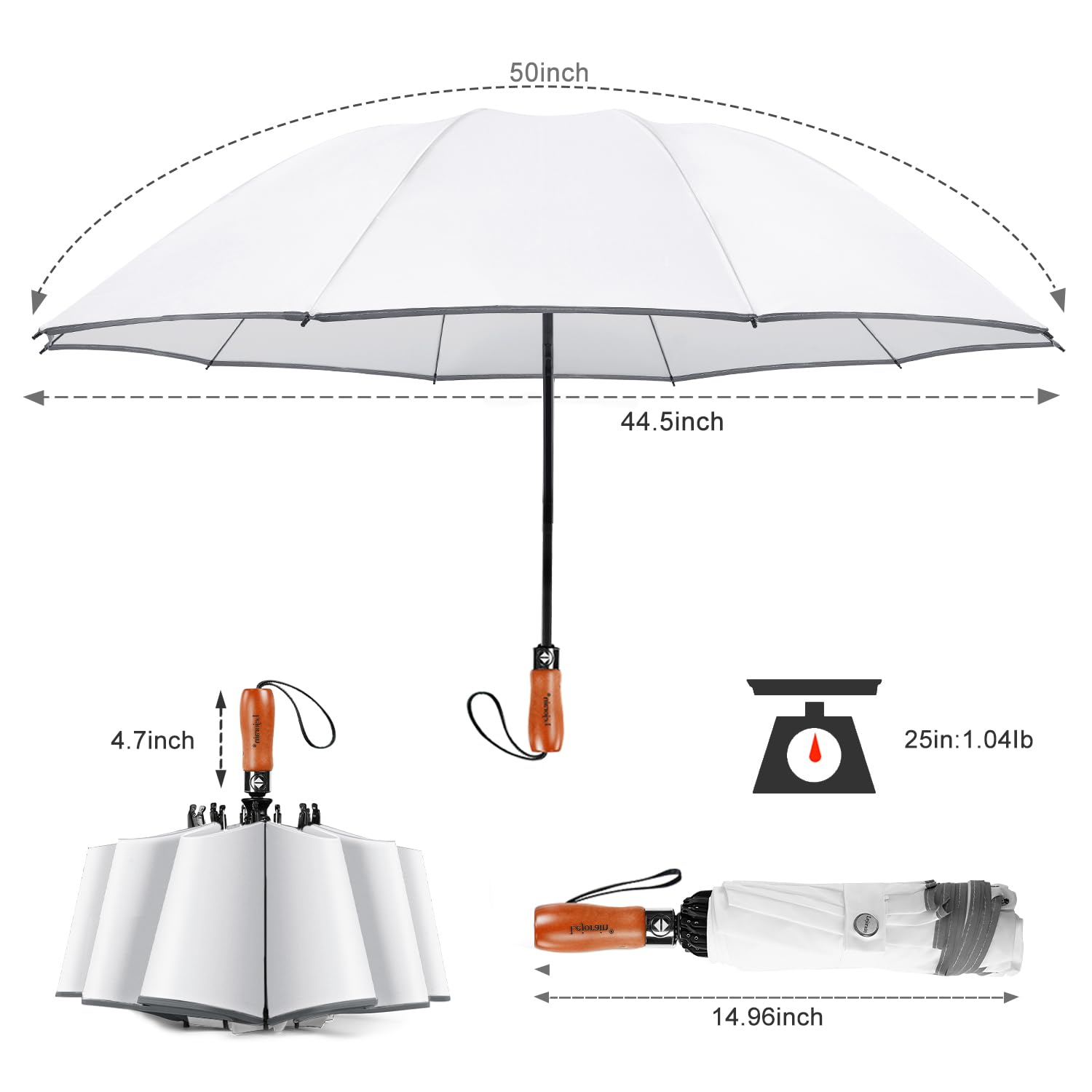 Lejorain Parapluie de voyage inversé Blanc – Ouverture automatique – parapluie portable pour filles et garçons (50 pouces)