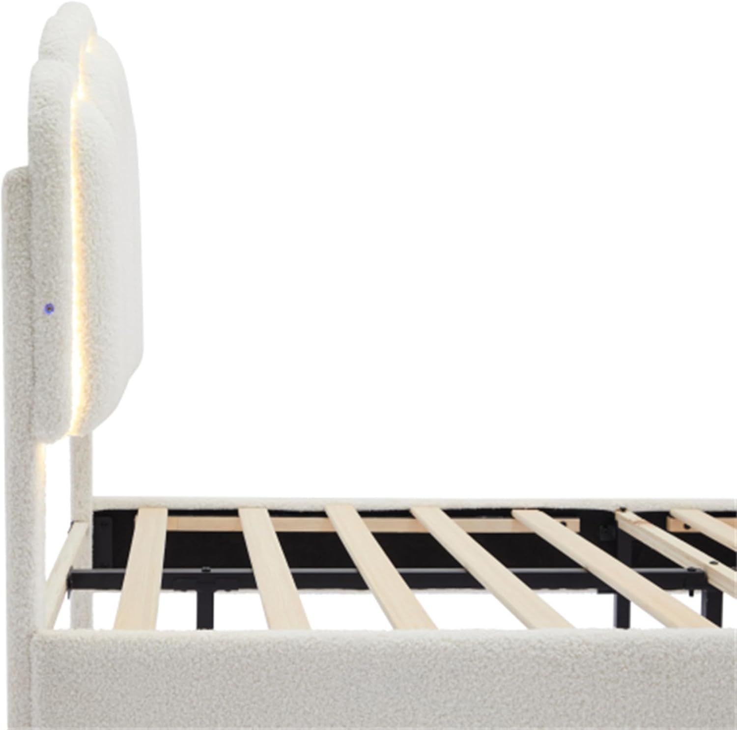 Twin Size Upholstered Flower-Shape Bed, Elegant Flowers Headboard with LED Light Strip, Sherpa Fabric Platform Bed with Wooden Slats Support, White