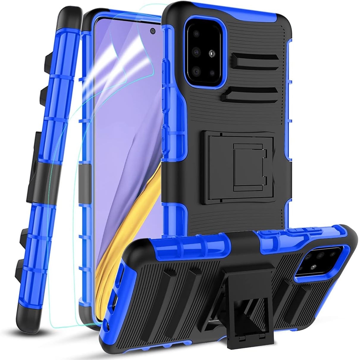 RioGree Phone Case for Samsung Galaxy A51 with Screen Protector Kickstand Heavy Duty Durable for Women Men Girls Boys - Blue