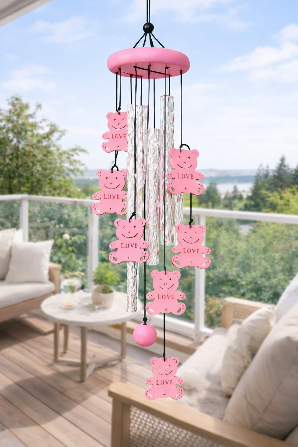 Pink Wind Chime Teddy Bear Love Charms, Clear Tubes, Outdoor Balcony Hanging Decor Wind Chimes for Home Décor – Positive Energy Chimes for Bedroom, Balcony, Garden, Living Room Housewarming, Couples-image-28