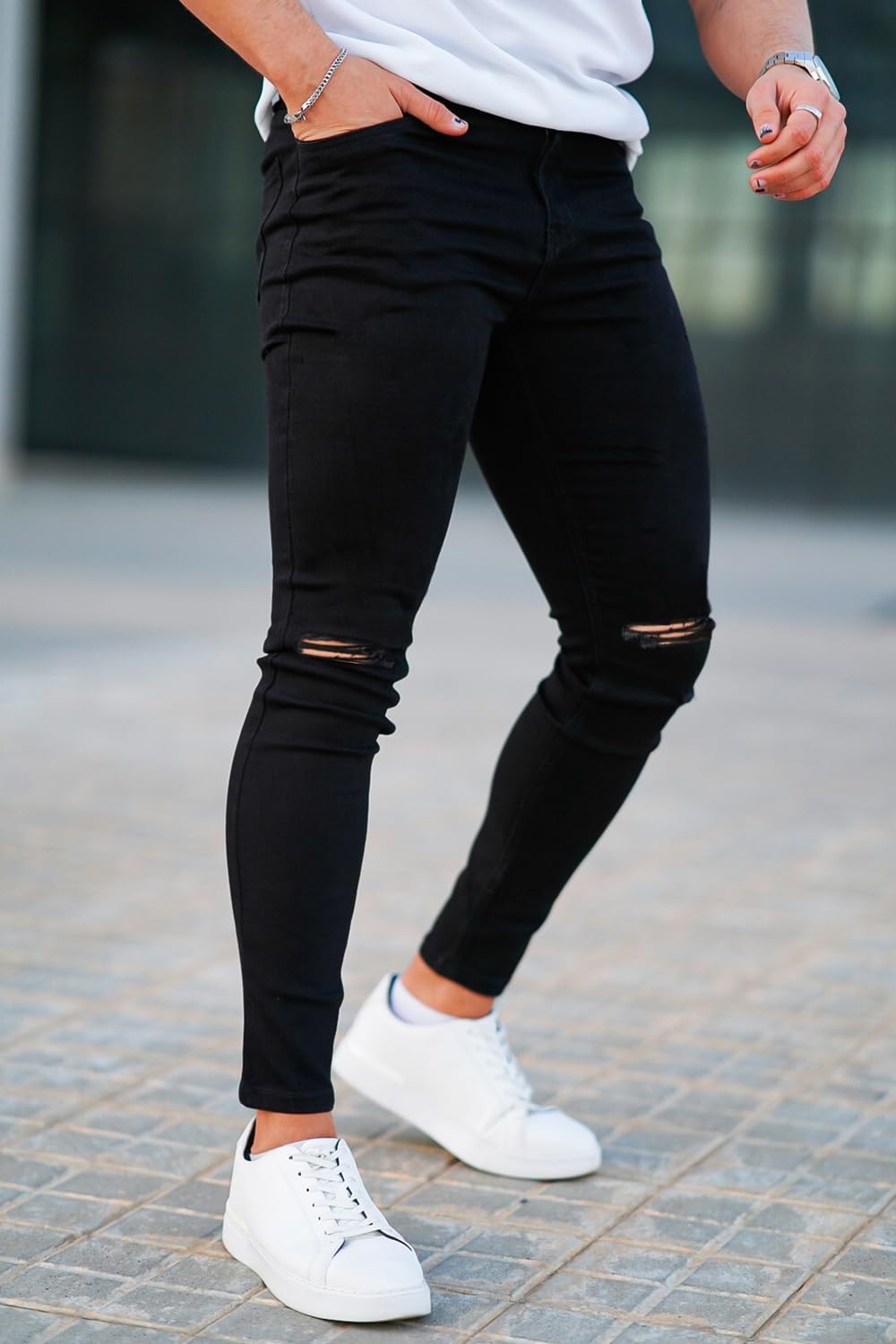 GINGTTO Men's Skinny Jeans Stretch Ripped Tapered Leg - Image 5