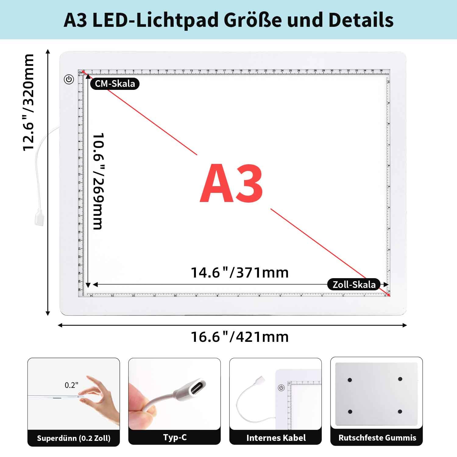 Zocelight A3 Leuchttisch für Diamantmalerei, Ultra dünn Lichtpad Helligkeit 4800 Lux,Lichtplatte mit Ständer und Klemme, 3 Helligkeitsstufen Leuchtplatte für Künstler, Zeichnen und Animation ((weiß))