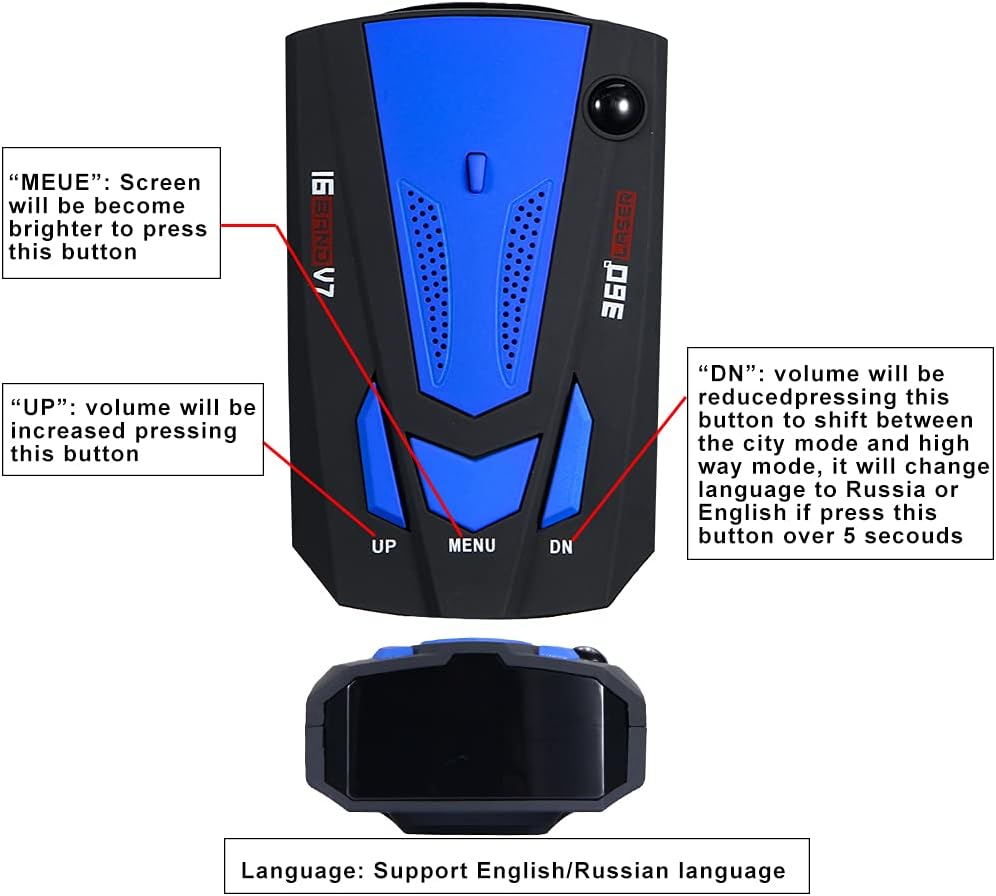 Paddsun Speed Sentinel Radar Detector with labels indicating UP, MENU, and DN button functions, and language support.
