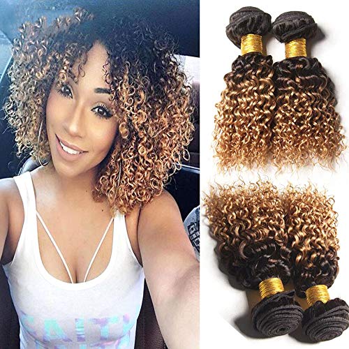 Hairitory Hair Ombre Kinky Curly Human Hair Weave, 3 Bundles 8A Peruvian Virgin Hair 2 Tone 1B/27 Dark Roots Blonde Hair Short Curly Weave Human Hair Extensions 100g/PC (10 10 10)