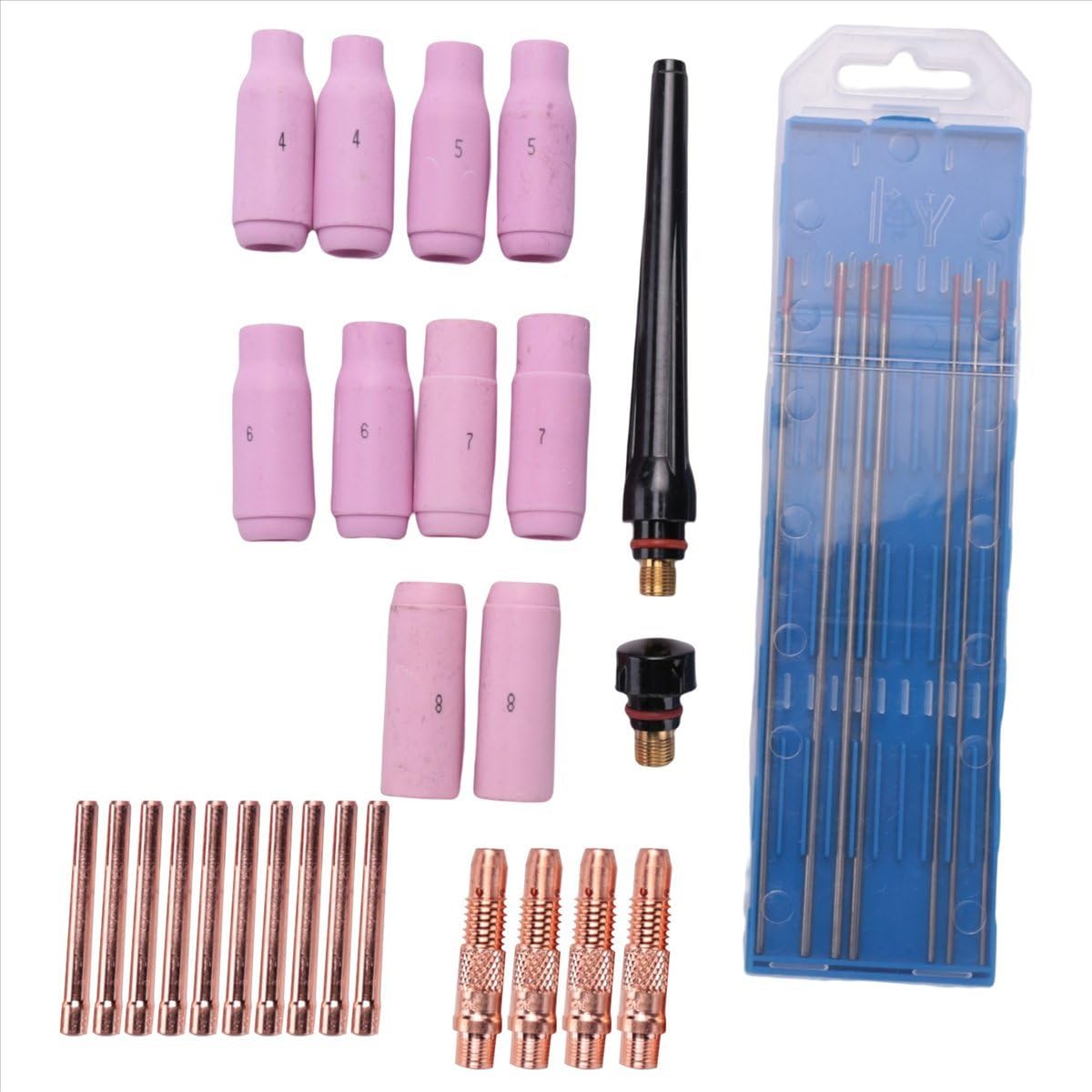 Zestaw akcesoriów spawalniczych TIG, tuleje adapterowe + obudowa + dysze ceramiczne + elektrody wolframowe do palnika -26