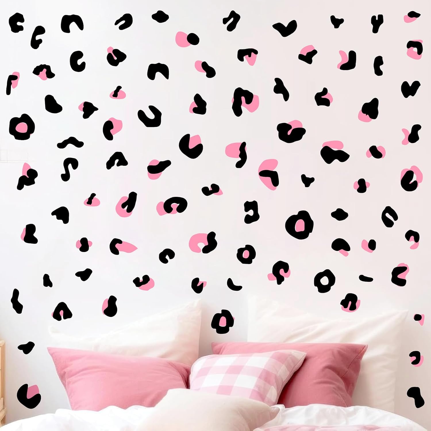 Leopard Print Wall Decals Peel and Stick Cheetah Pattern Sticker Animal Prints Stickers Removable Modern Black Pink Vinyl Decals Irregular Polka Dot Wall Stickers for Nursery Bedroom