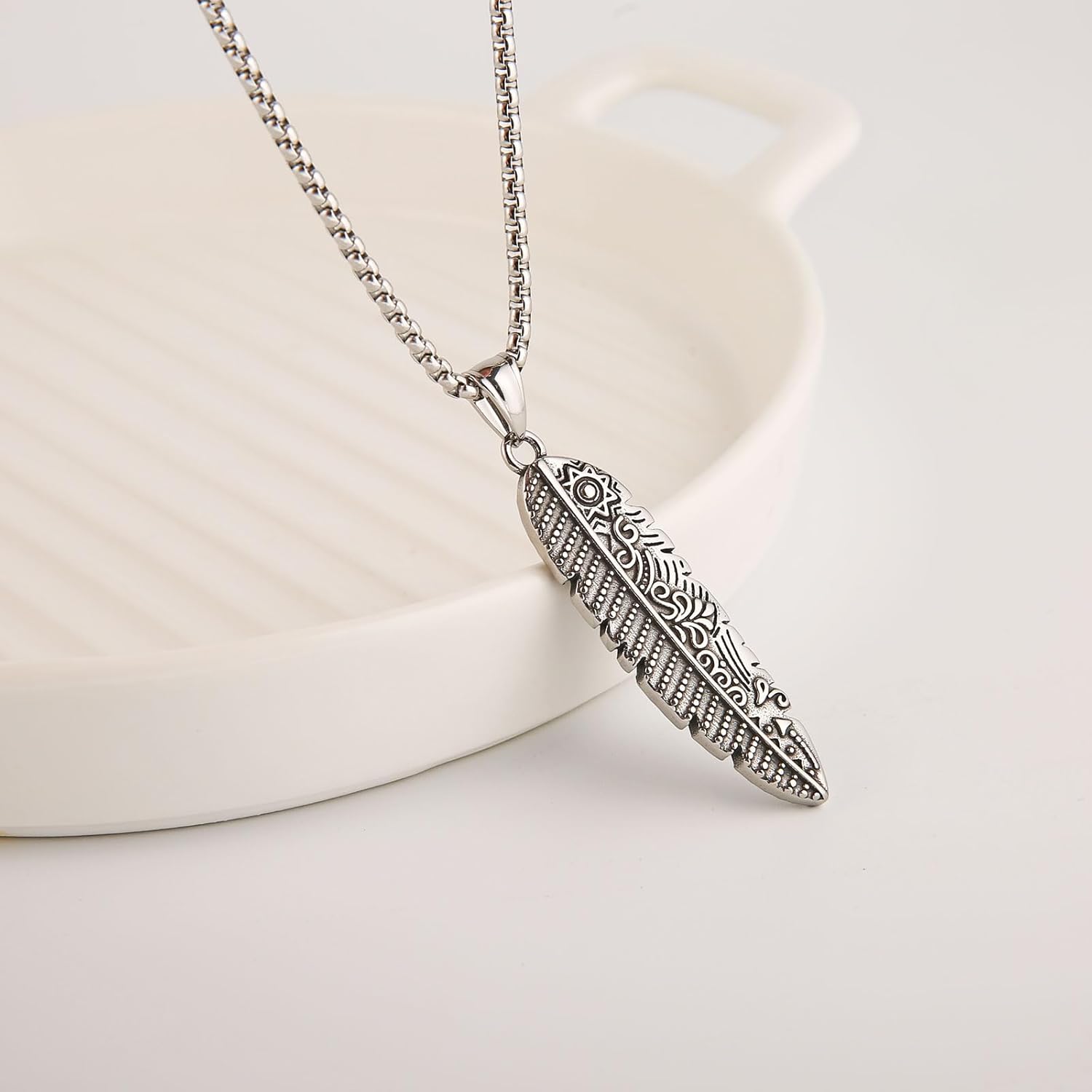Ethnic Style Indigenous Tribal Characteristics Retro Style Feather Pendant Necklace, 316L Stainless Steel, Silver Stainless Steel Square Pearl Chain, Unisex Retro Jewelry For Men And Women - Image 3
