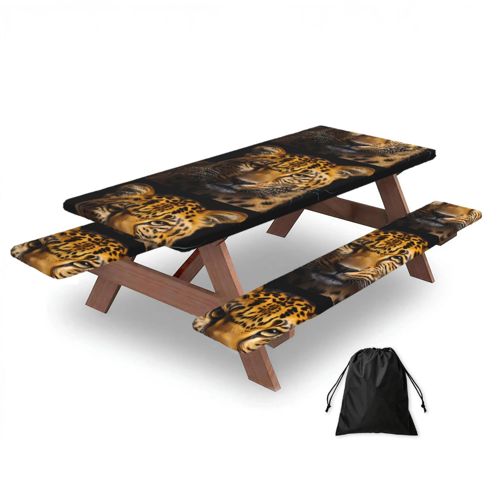 Hhbiuuo Black 72In Camping Table Cover & Bench Covers 3-Pack Set, The Deep-Eyed Leopard Print Tablecloths, For Rectangle Tables Picnic