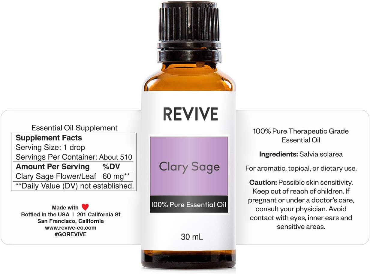Clary Sage Essential Oil 30mL by Revive Essential Oils - 100% Pure Therapeutic Grade, for Diffuser, Humidifier, Massage, Aromatherapy, Skin & Hair Care
