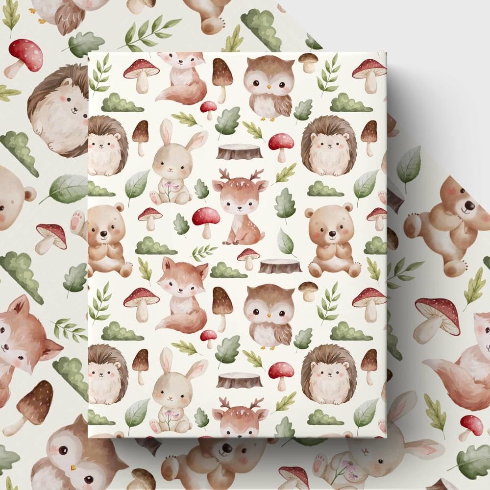 GleeWrap Woodland Animal Wrapping Paper, 4 Sheets Cute Forest Animals Gift Wrap for Kids Birthdays Party Baby Shower 50x70cm
