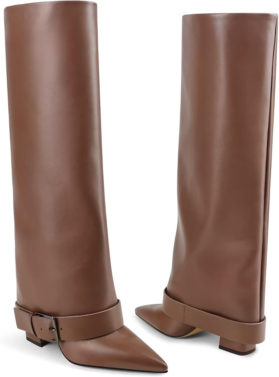 Knee High Boots Women Fold Over Chunky High Heel Wide Calf Pointed Toe Boots Belt Buckle Fall Long Boot for Women - Image 5