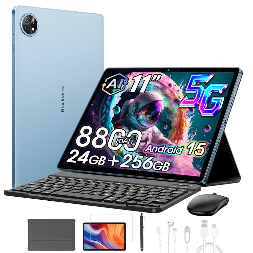 Blackview ZENO 10 5G Tablet con Tastiera e Mouse,24GB+256GB/2TB Android 15, 2K FHD+ Gaming Tablet 11 Pollici,Gemini Al,8800mAh,4G LTE 5G WiFi/PC Mode/Widevine L1/OTG/Protettiva+Penna intelligente, Blu