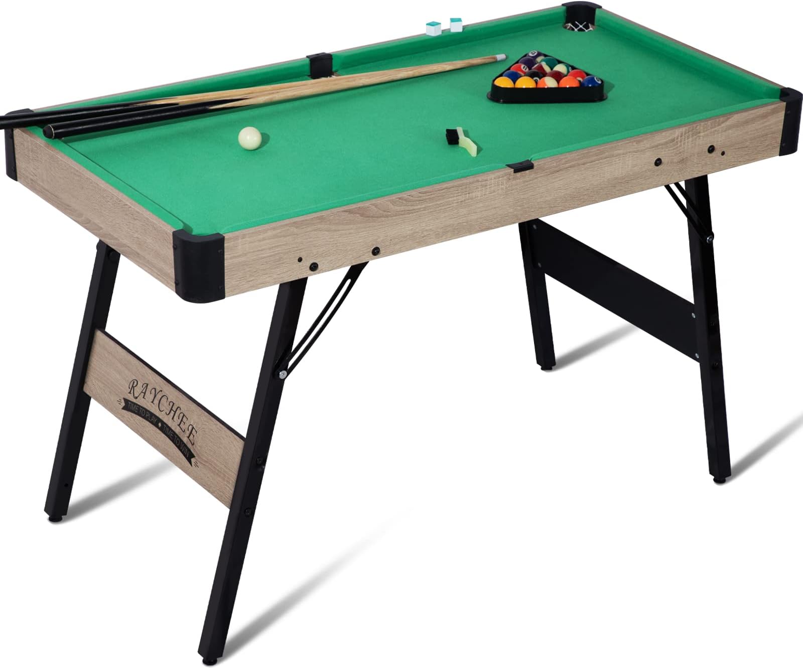 RayChee 48" Folding Pool Table, Portable Billiard Game Tables for Kids and Adults, Mini Pool Table with Locking Legs, Adjustable Feet, Balls, Cues, Triangle, Chalk, Brush for Family Game Room