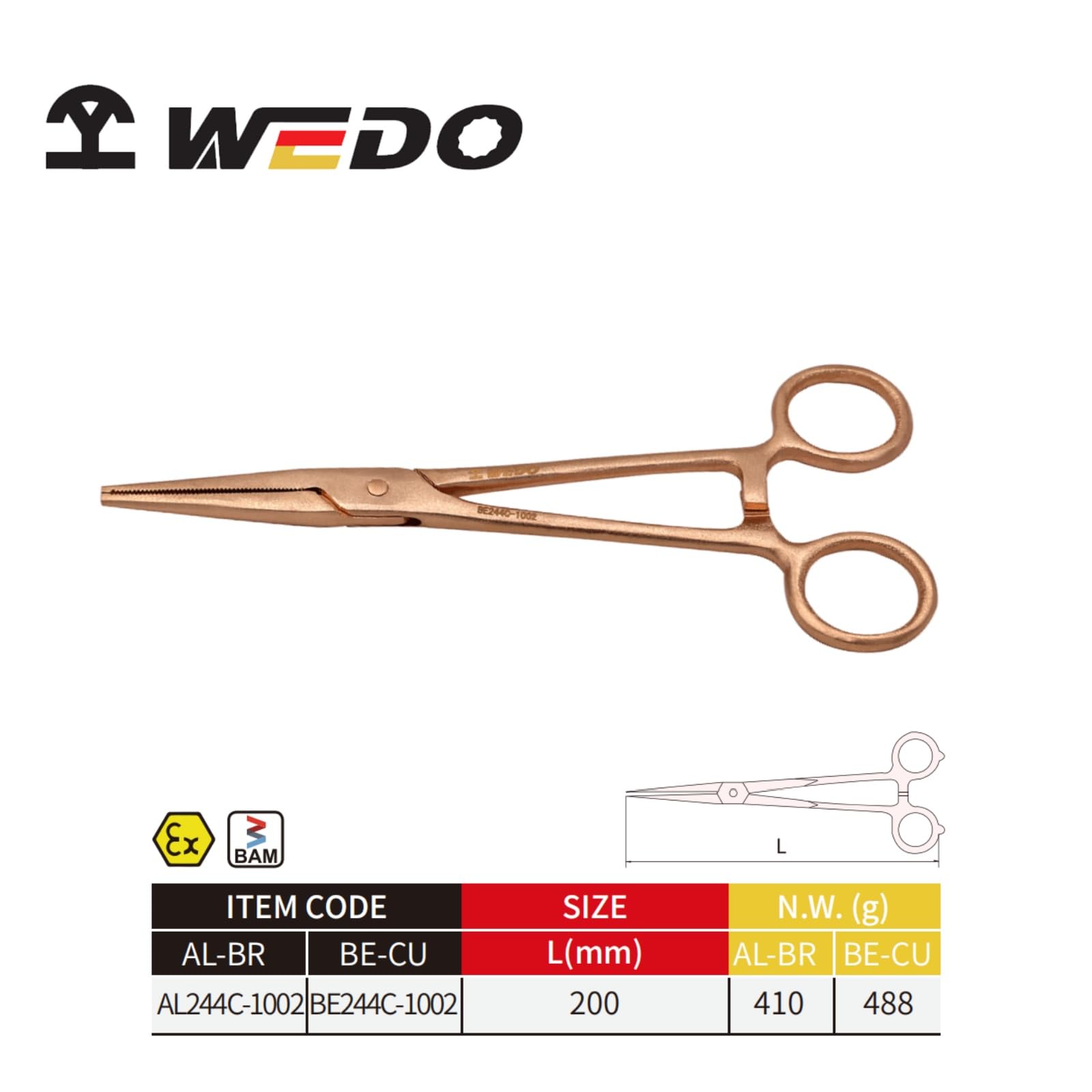 WEDO Pinze a becco lungo non scintillanti, pinza a becco lungo, pinza di precisione per carta, pinze in rame berillio non magnetico, resistenza alla corrosione, manici ergonomici e confortevoli,