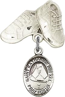 Sterling Silver Baby Badge with St. Katherine Drexel Charm and Baby Boots Pin 1 X 5/8 inches