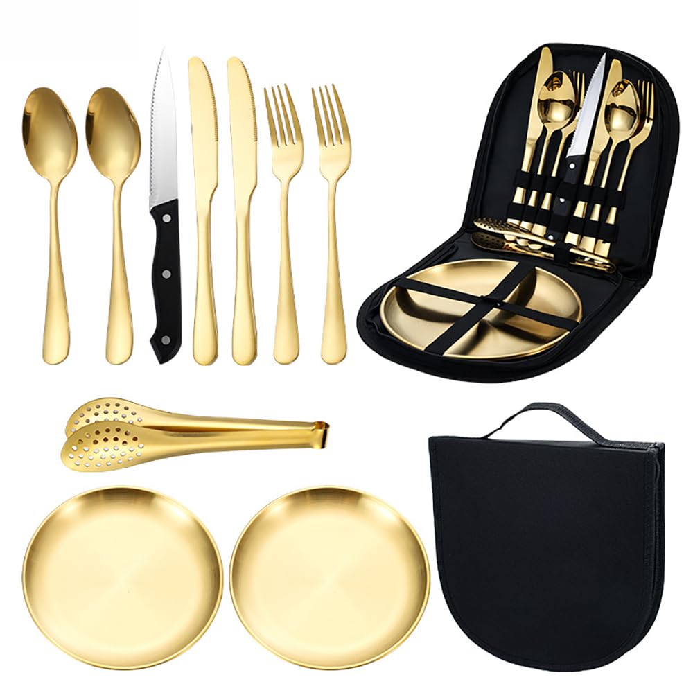 Set di posate da campeggio da 10 pezzi in acciaio inox con coltello, forchetta, cucchiaio + piatto – pieghevole per barbecue, picnic e viaggi (confezione da 20 pezzi Peso singolo: 1,6 kg, misura