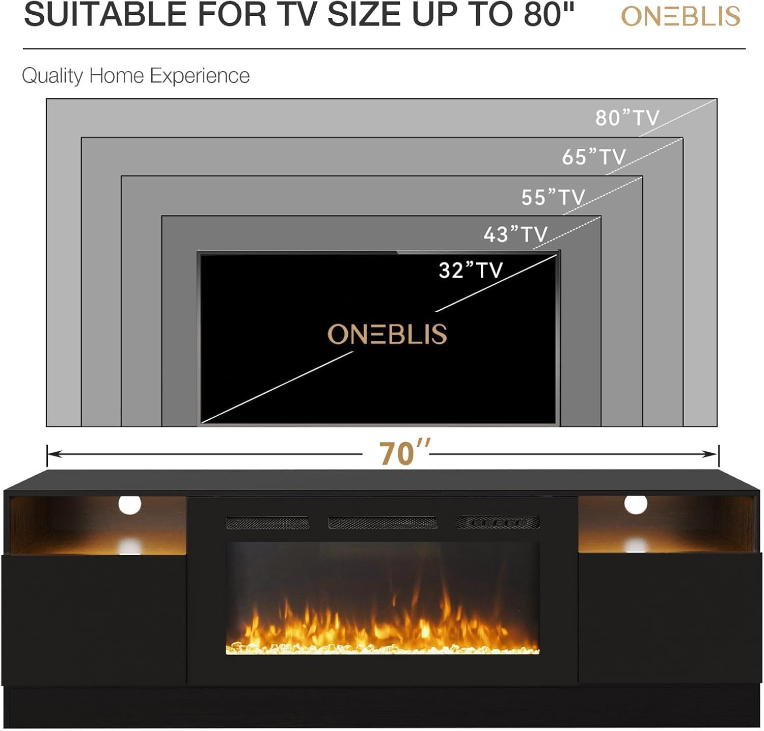 70" Fireplace TV Stand with 36" Electric Fireplace, LED Light Entertainment Center for TVs Up to 80", High-Gloss Door, Modern TV Console for Living Room with Storage Cabinet, Black+Black