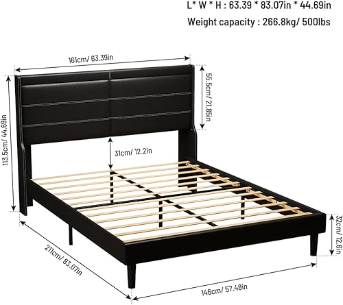 Miniatura 2 de DNChuan Cama tapizada de piel sintética tamaño Queen con barra de luz que cambia de color con control remoto, cabecera con respaldo de ala, con