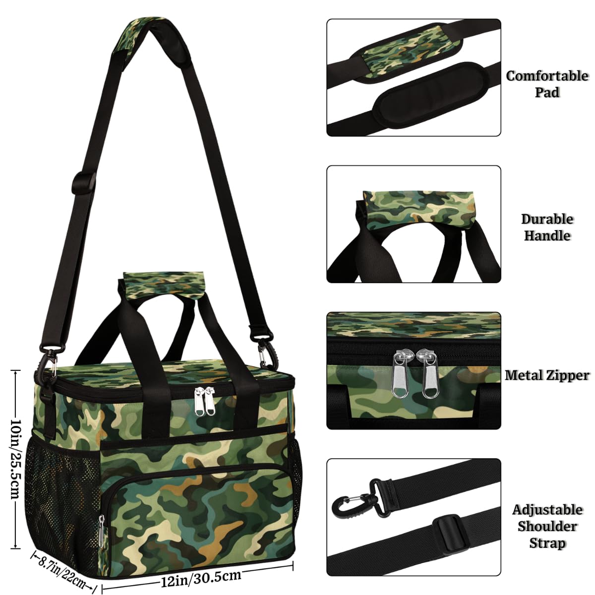 Fashion Green and Black Insulated Picnic Backpack Lunch Box for Women Men Picnic Basket Tote Lunch Bag Picnic Bag Portable Lunch Bags for Picnic, Beach, Work, Trip,Office, Camp Camouflage Pattern