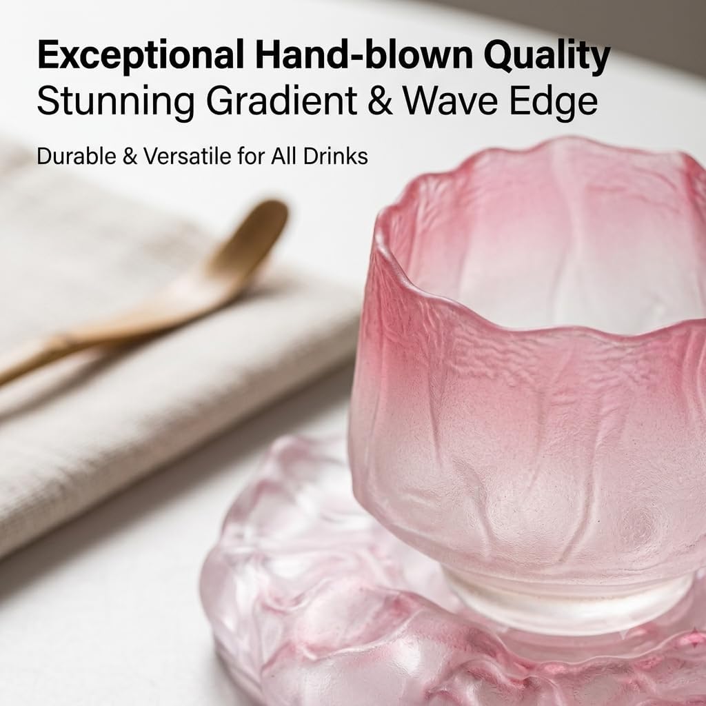 3.5 Inch Glass Tea Cups - Gradient Lotus Design, Matching Saucer - Pink Glass