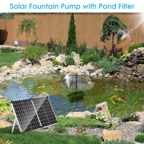POPOSOAP 40W Solar Fountain Pump with Pond Filter, Solar Pond Filter with 480GPH Adjustable Flow, Pond Filters for Outdoor Ponds Pool Waterfall Koi Pond Water Features