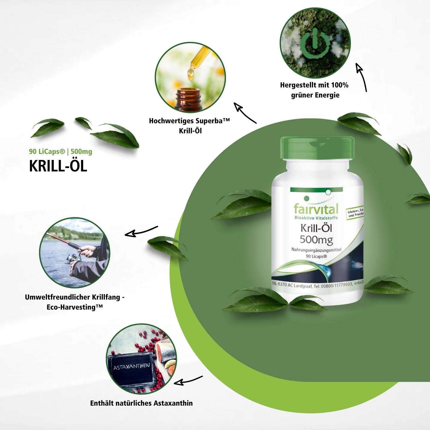 fairvital Krill-Öl Kapseln 500mg, 90 LiCaps®, HOCHDOSIERT, Superba Antarktis, reich an EPA & DHA