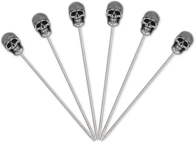 SCSpecial Skull Cocktail Picks 6 Pieces Stainless Steel Olive Picks Reusable Fruit Sticks for Halloween Party - Set A