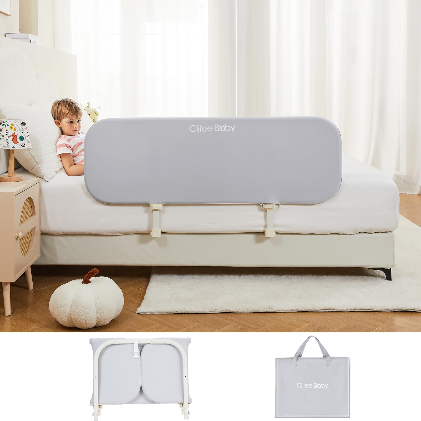 Ciilee Baby Bed Rail for Toddlers Portable Travel Kids Beds Guard Rails for Queen Bed Foldable Children Side Railing for Twin Beds Adjustable Bedrail Barandas para Camas de Niños?Grey,32in