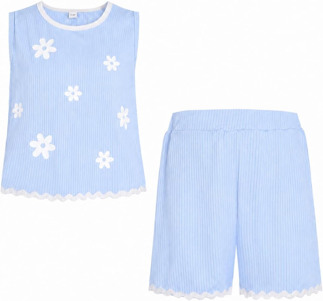 Tween Girls Trendy Clothes Set Daisy Print Tank Top Shorts Summer Outfits | Floral pattern color-blocking design 2 Piece Outfits Leisure vacation style Size 6-14 Years