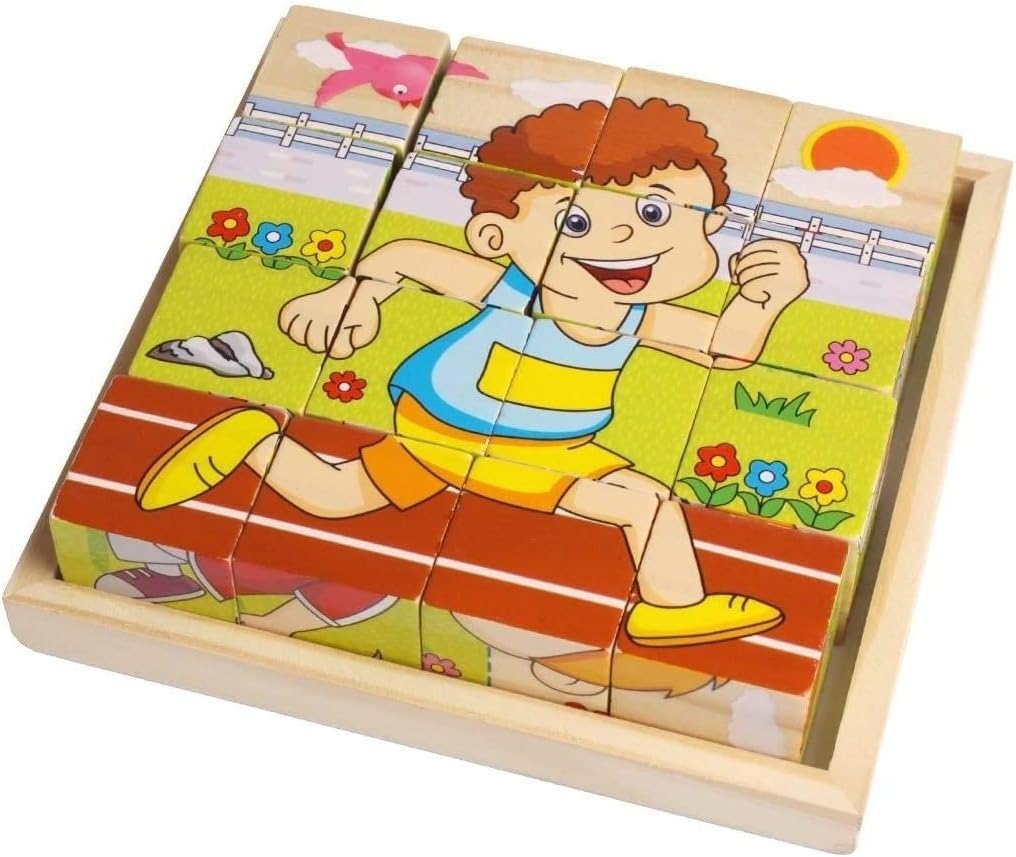 Zenghh Babe Rock Wooden Block Puzzles Toys Toddler Six Sides Painting Pattern Character Scene Forest Animals Cube Square Educational Early Learning Kids Childrens Gifts 2-3 Year Old Girl Boy