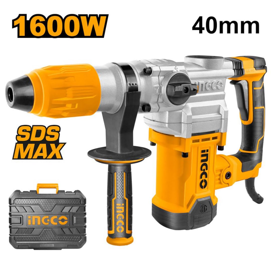Ingco Rh1600388 Martello Demolitore Rotativo 1600 W Sds Max Sistema Anti Vibrazione 2 Punte 2 Scalpelli con Valigetta