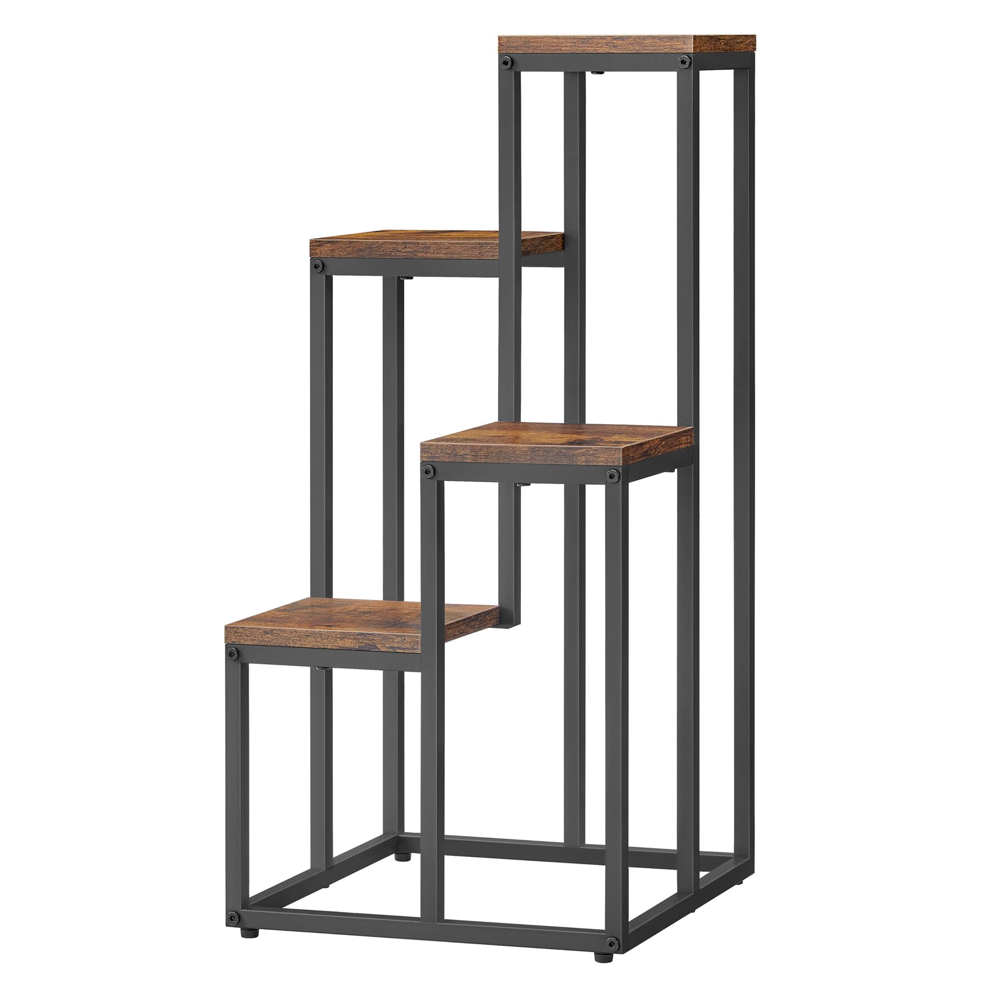 Étagère à pot de fleurs à 4 niveaux rustique avec pieds noirs – Idéal pour le salon, la chambre à coucher, le couloir ou le bureau Support de plantes de style loft avec cadre en acier pour plus de