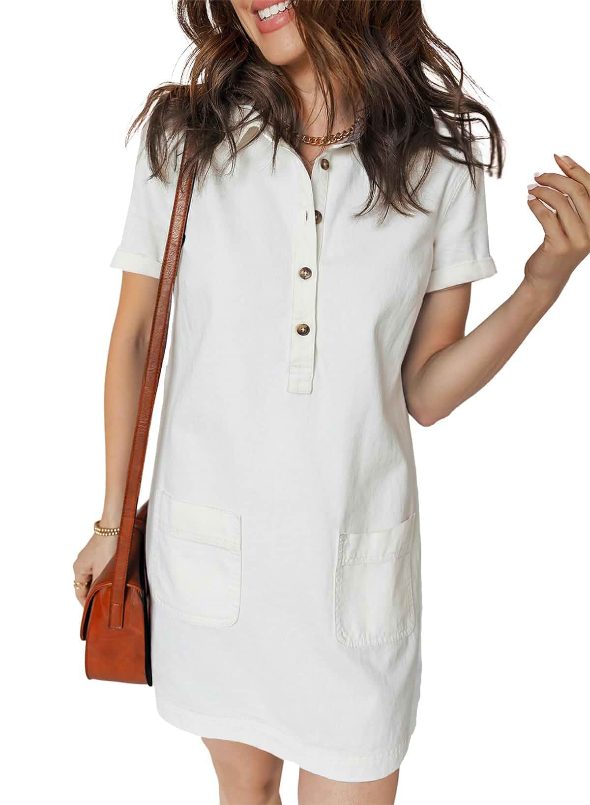 Sidefeel Womens Denim Dress Casual A Line Trendy Mini Jean Dress Lapel Collar, Partial Button Placket, Short Cuffed Sleeves, Patch Pockets, Above Knee, Trendy Lightweight Summer Shirt Dress