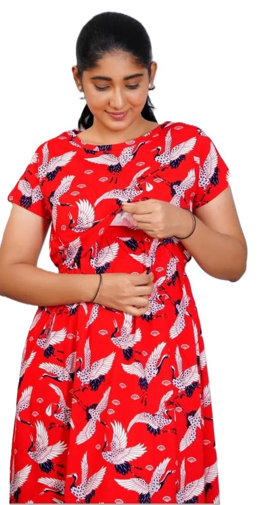 Women's Grey Cotton Maternity & Feeding Nighty – Soft Floral Printed Nursing Dress-image-15